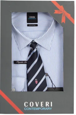 Camicia a righe azzurre con cravatta regimentale in scatola regalo