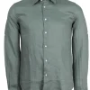 Camicia collo classico in puro lino colore verde militare con logo ricamato sul cuore