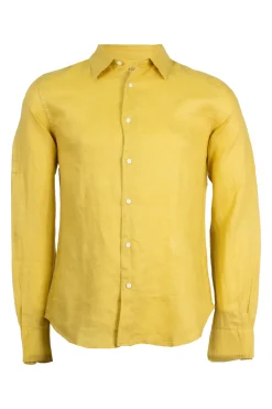 Camicia collo classico in puro lino colore senape con logo ricamato sul cuore