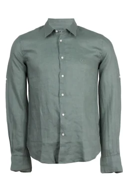 Camicia collo classico in puro lino colore verde militare con logo ricamato sul cuore