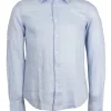 Camicia collo classico in puro lino colore celeste con logo ricamato sul cuore