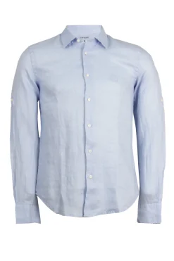 Camicia collo classico in puro lino colore celeste con logo ricamato sul cuore