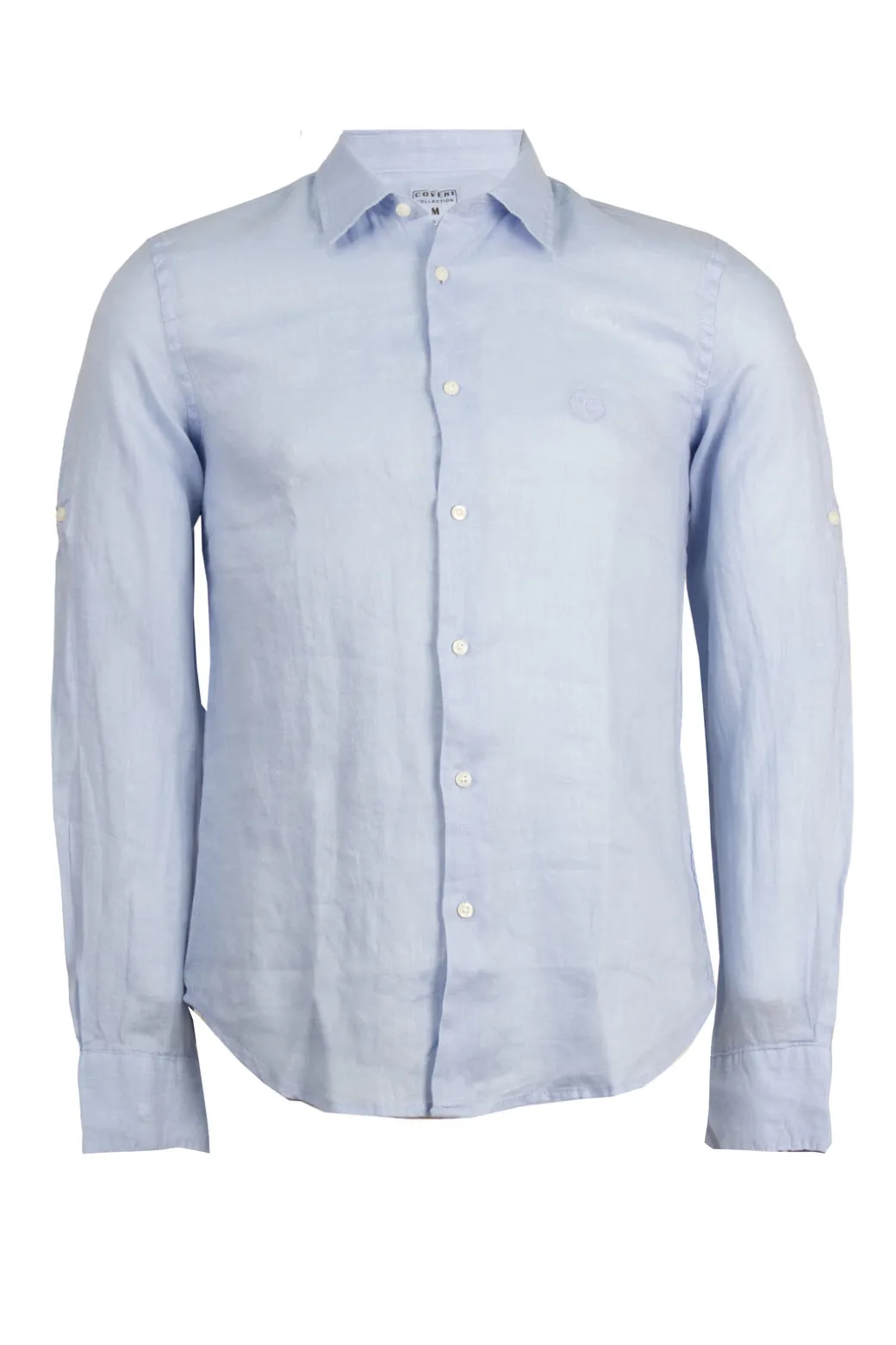 Camicia collo classico in puro lino colore celeste con logo ricamato sul cuore