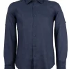 Camicia collo classico in puro lino colore blu con logo ricamato sul cuore