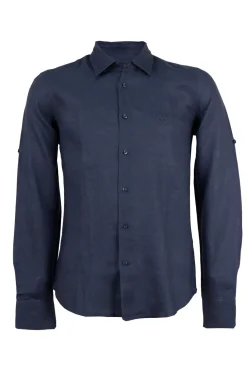 Camicia collo classico in puro lino colore blu con logo ricamato sul cuore