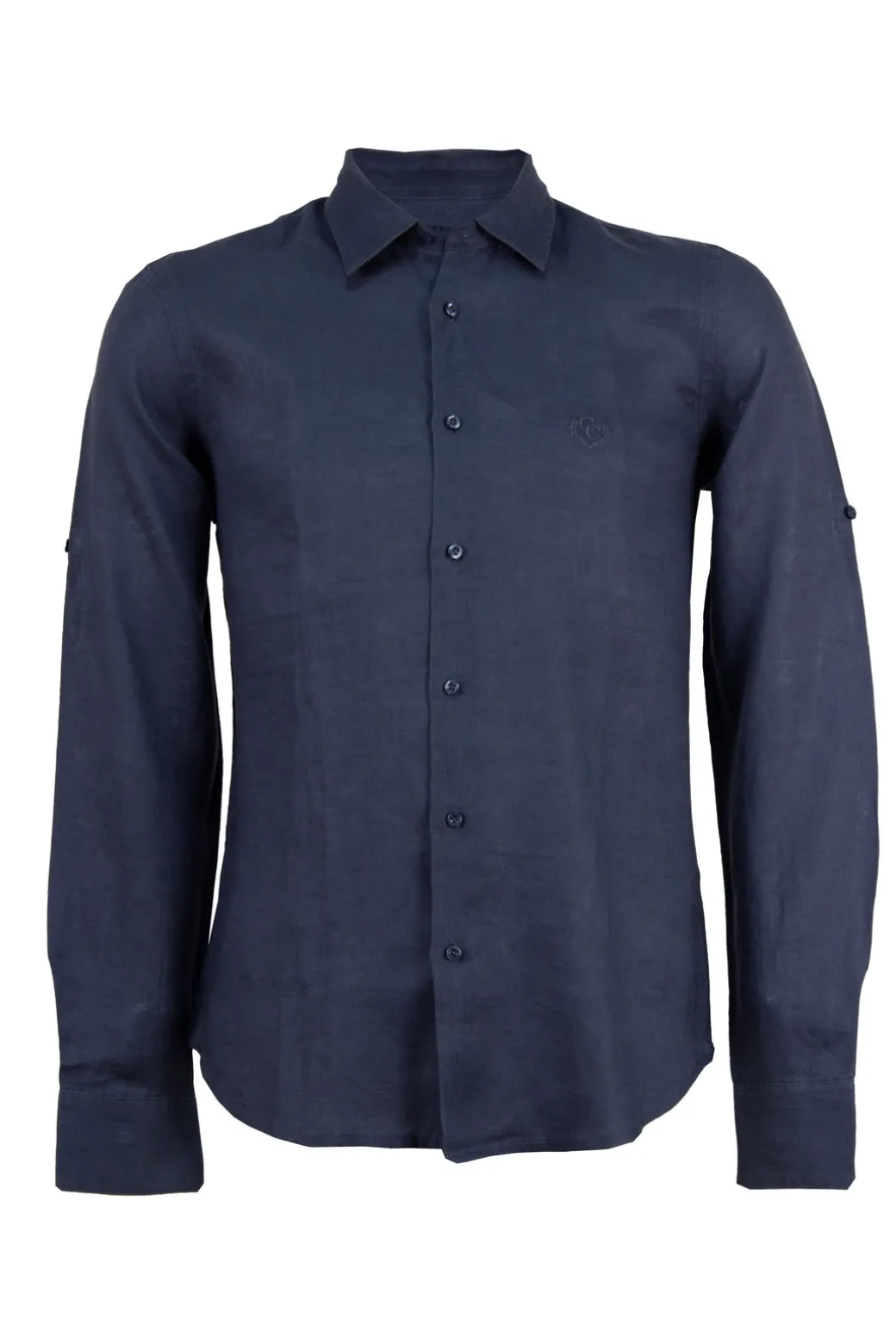 Camicia collo classico in puro lino colore blu con logo ricamato sul cuore