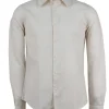 Camicia collo classico in puro lino colore beige con logo ricamato sul cuore