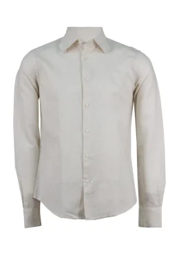 Camicia collo classico in puro lino colore beige con logo ricamato sul cuore