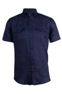 Camicia in puro lino manica corta con collo button down e doppio taschino sul petto