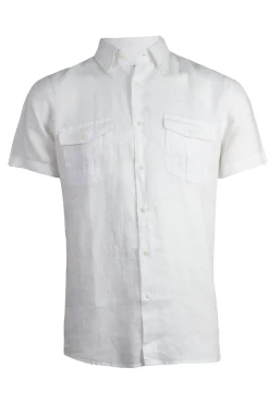 Camicia in puro lino manica corta con collo button down e doppio taschino sul petto