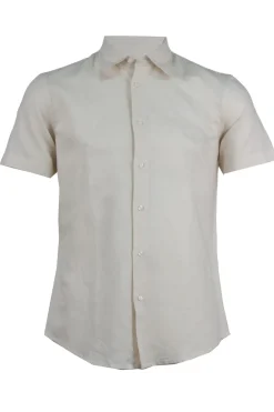Camicia manica corta in misto lino con logo ricamato ton sur ton