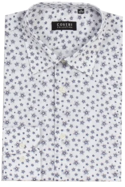 Camicia manica lunga in puro cotone microfantasia con vestibilità semi slim fit
