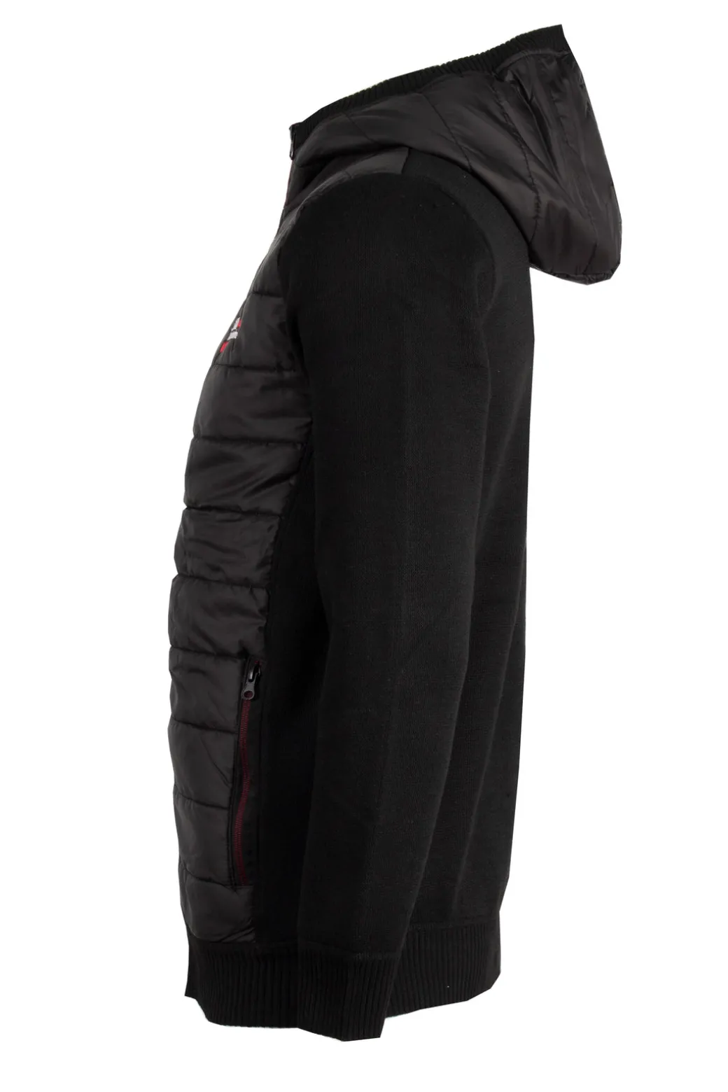 Giubbino imbottito con retro e maniche in maglia e soft shell con cappuccio e zip intera