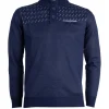 Pullover con collo alto chiuso da bottoni, trama fantasia e taschino sul petto