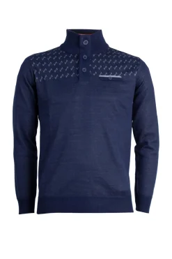 Pullover con collo alto chiuso da bottoni, trama fantasia e taschino sul petto