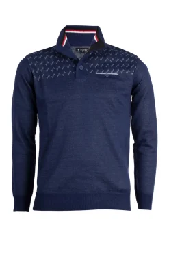 Pullover con collo alto chiuso da bottoni, trama fantasia e taschino sul petto