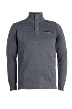 Pullover con collo alto chiuso da bottoni, trama fantasia e taschino sul petto