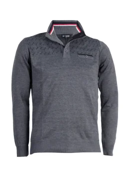 Pullover con collo alto chiuso da bottoni, trama fantasia e taschino sul petto