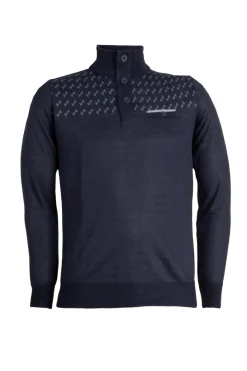 Pullover con collo alto chiuso da bottoni, trama fantasia e taschino sul petto