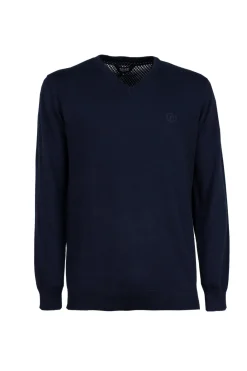 Pullover scollo a v in puro cotone con ricamo ton sur ton