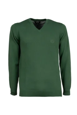 Pullover scollo a v in puro cotone con ricamo ton sur ton