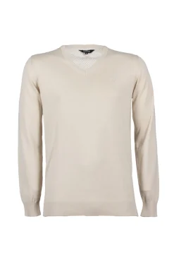 Pullover scollo a v in puro cotone con ricamo ton sur ton