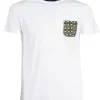 T-shirt girocollo tinta unita con taschino in tessuto fantasia applicato
