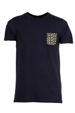 T-shirt girocollo tinta unita con taschino in tessuto fantasia applicato