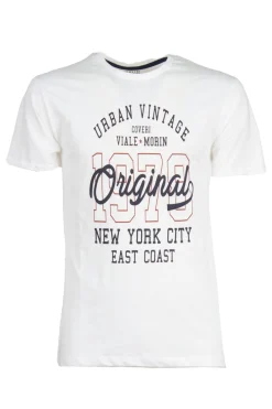 T-shirt tinta unita in cotone fiammato con stampa sul petto