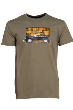 T-shirt tinta unita in cotone fiammato con stampa sul petto